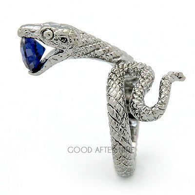 Beautifully crafted snake ring, displaying detailed textures with a blue gemstone at its mouth.