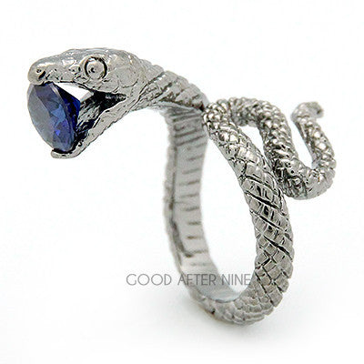 Unique snake ring, displaying detailed textures with a blue gemstone at its mouth, perfect for animal lovers.