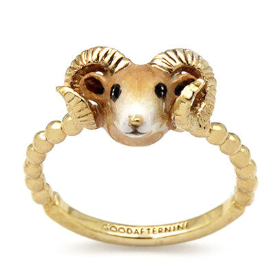 Gold ring featuring a cute goat head design, inspired by the Chinese zodiac sign.