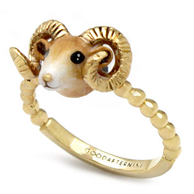 Gold ring featuring a cute goat head design, inspired by the Chinese zodiac sign.