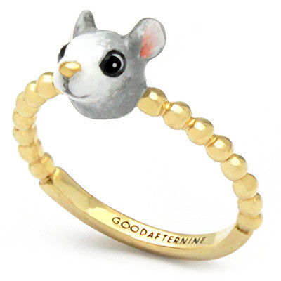 Gold ring featuring a cute rat head design, inspired by the Chinese zodiac sign.