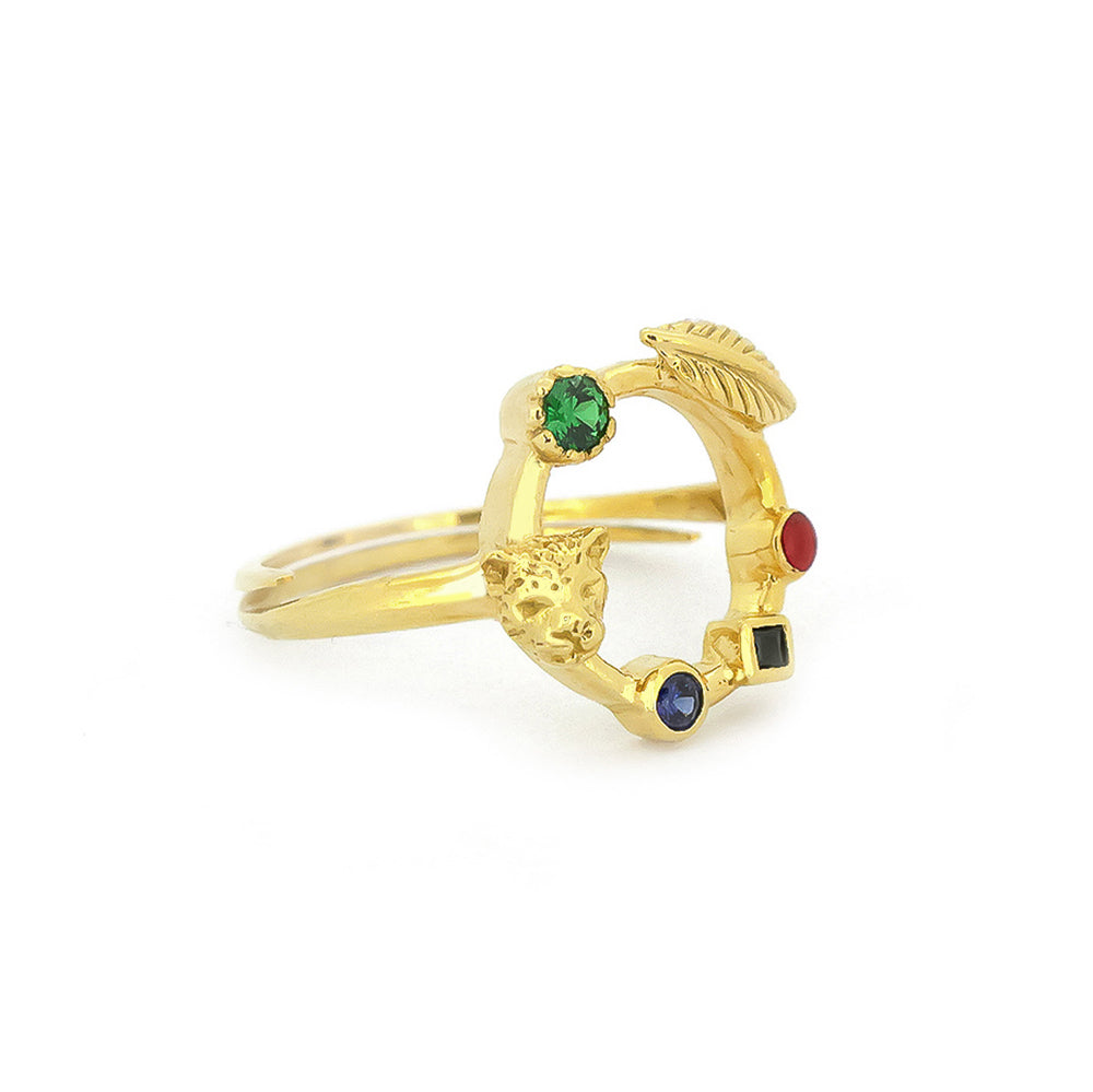 A unique golden ring featuring a leopard head and colorful stones.