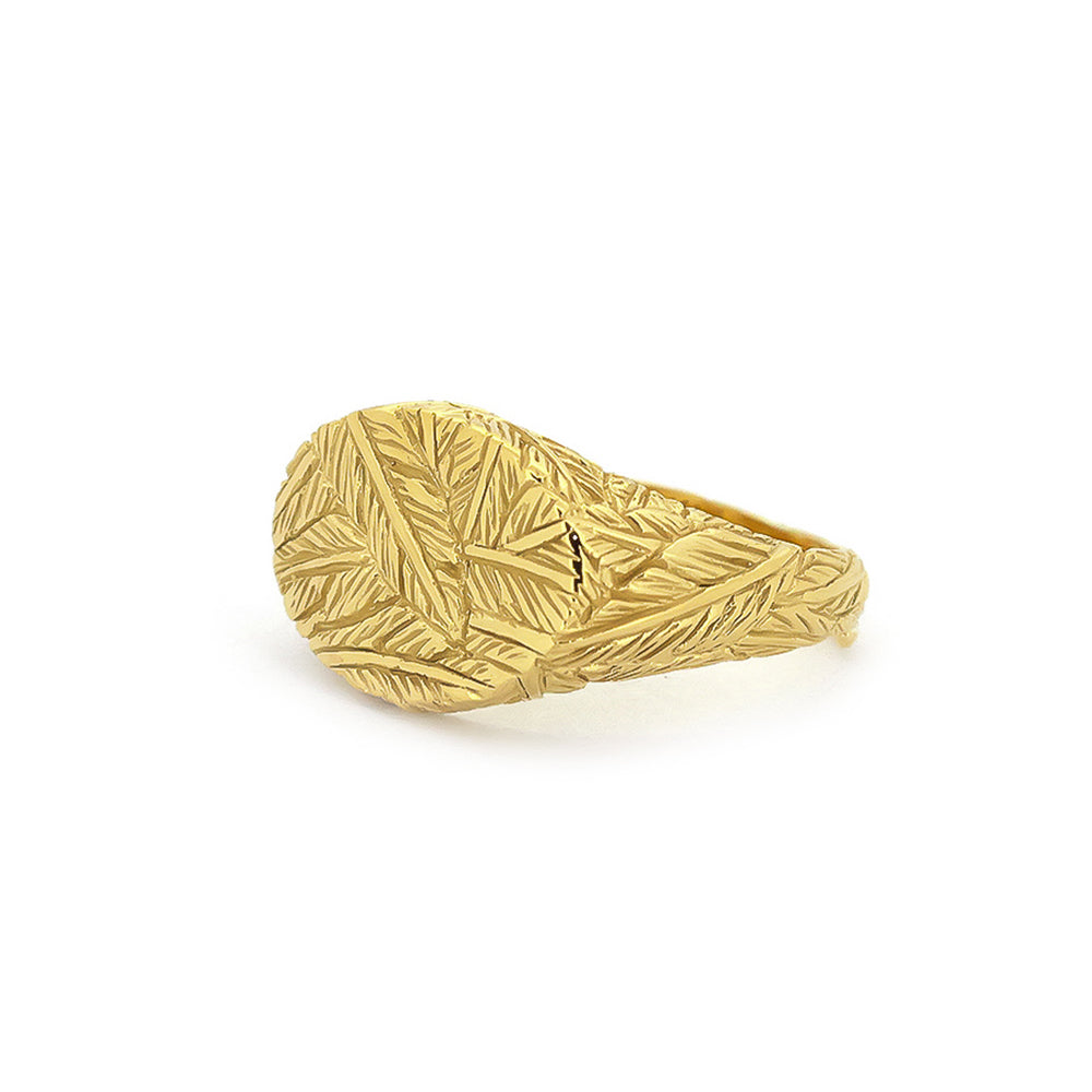 Charming gold ring with distinct textures, featuring a feather pattern.