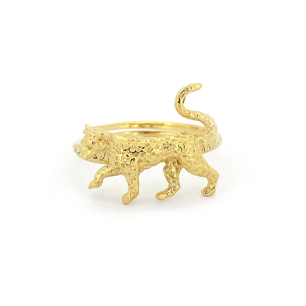 A gold ring featuring a textured, walking leopard design, showcasing a playful its pose on a band.