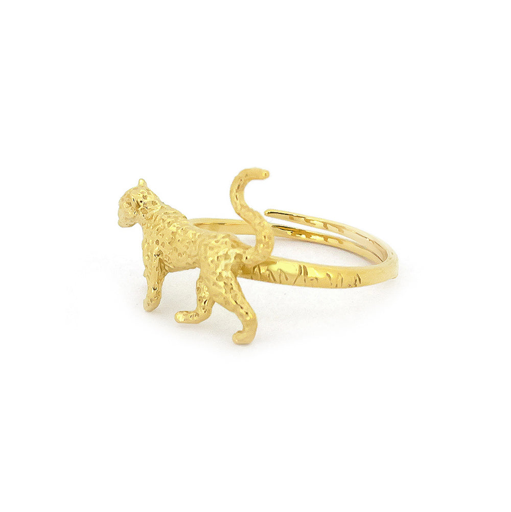 Nature-inspired ring featuring a textured, walking leopard design, showcasing a playful its pose on a band.