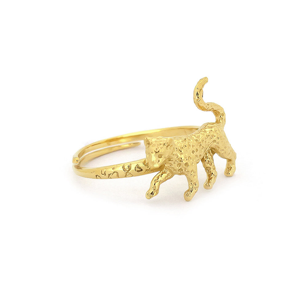 Nature-inspired ring featuring a textured, walking leopard design, showcasing a playful its pose on a band.