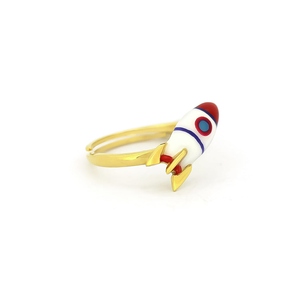 Unique gold ring featuring a rocket design, perfect for jewelry lovers.