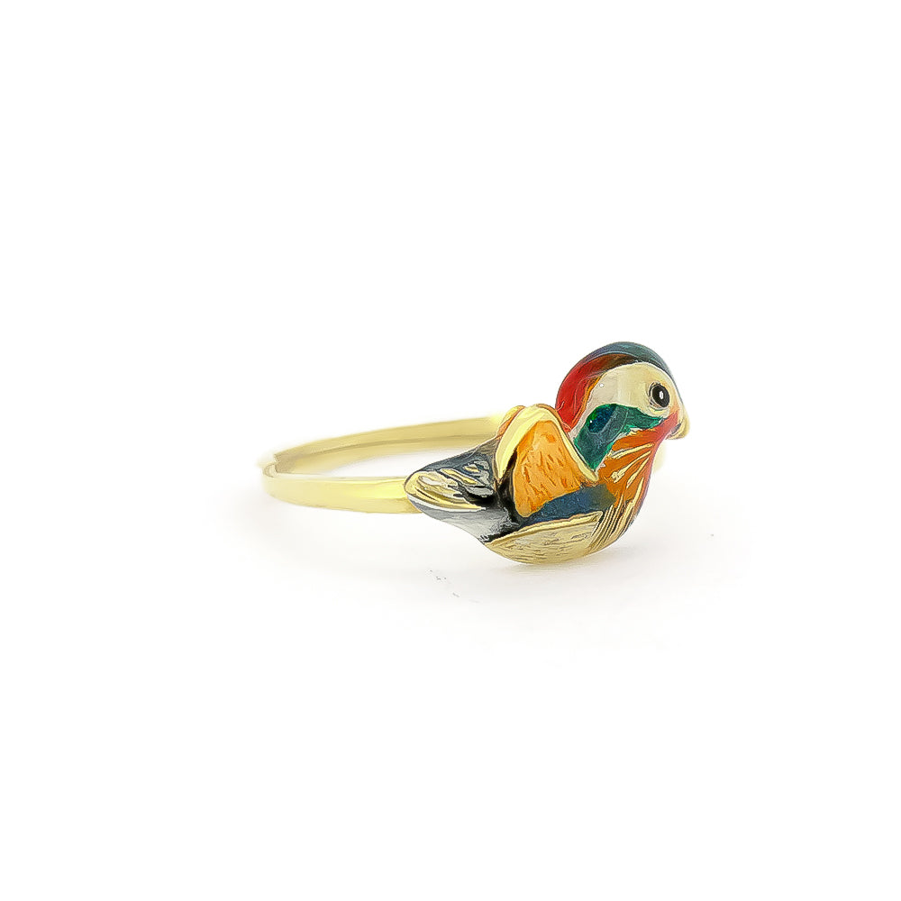 A gold rings featuring colorful, intricately designed a mandarin duck design.