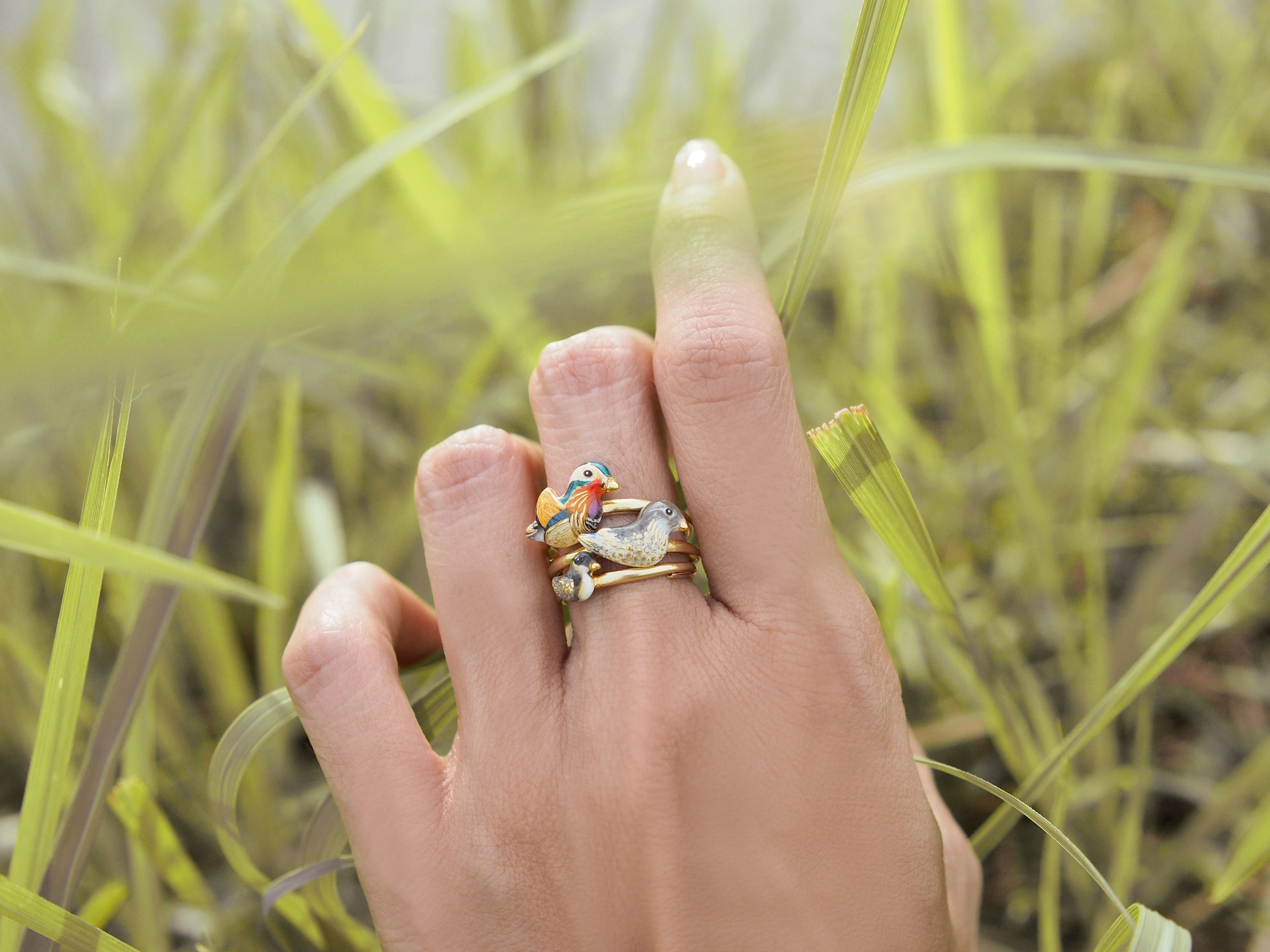 A hand adorned with whimsical rings depicting a colorful mandarin duck, set against a backdrop of tall green grass.