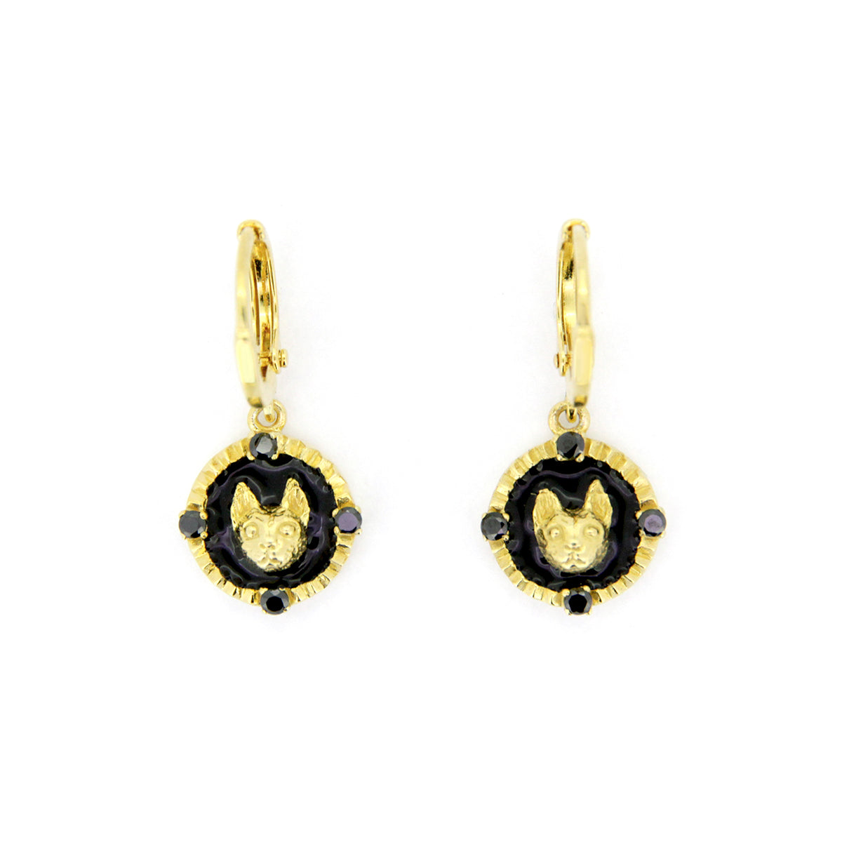 Gold earrings featuring a cat face motif surrounded by a black circular design.