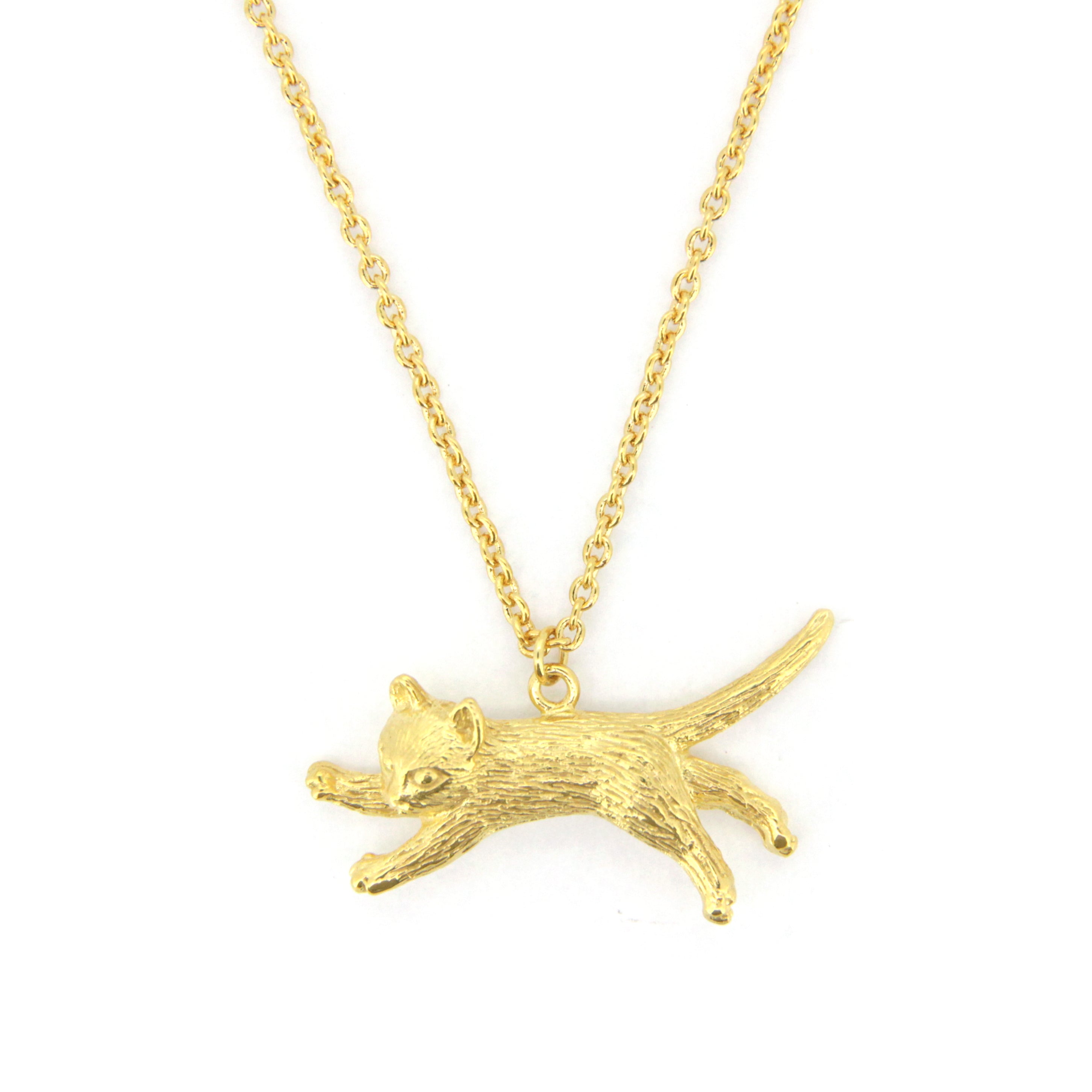 Adorable gold pendant necklace featuring a jumping cat design.