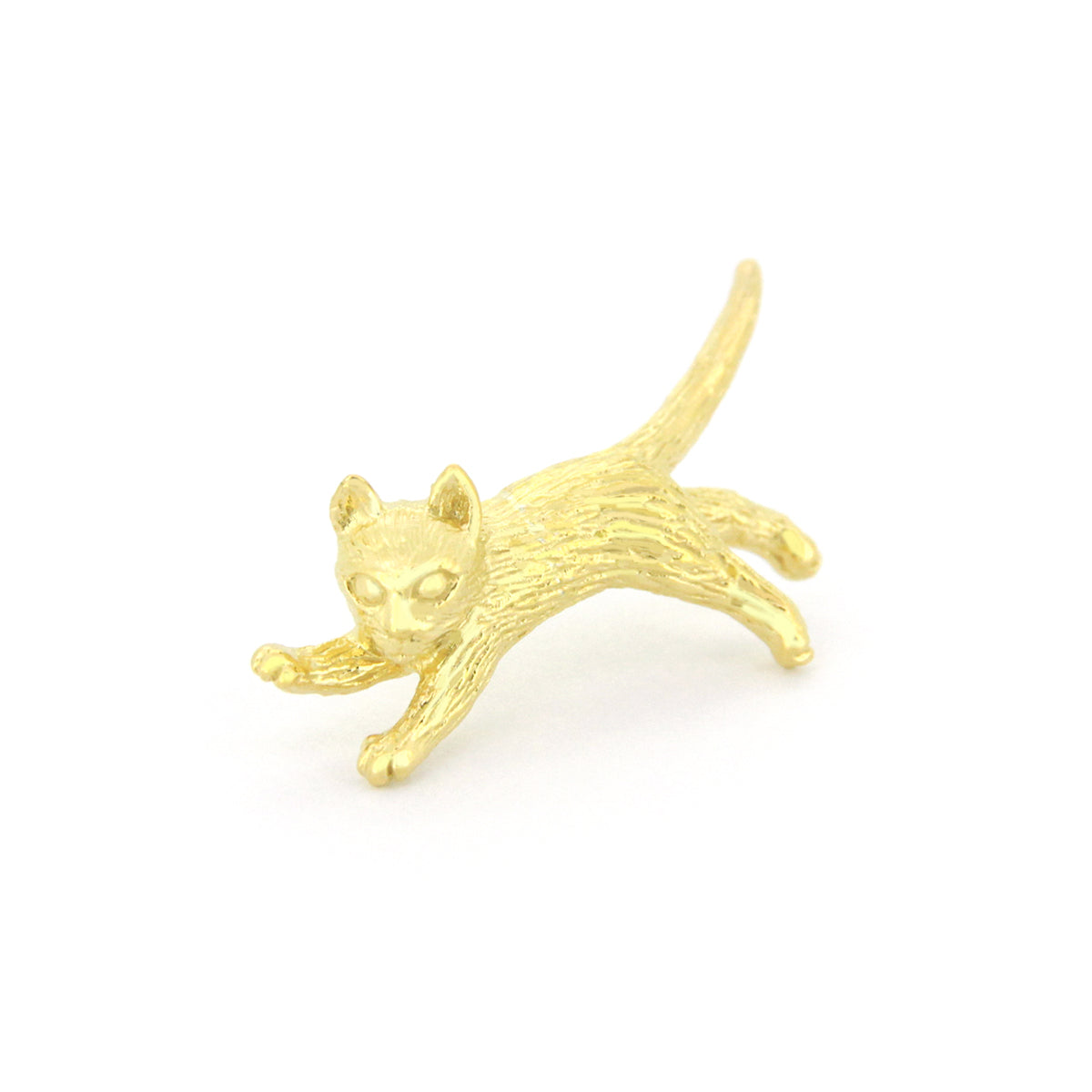 Unique gold one-side-earring featuring a jumping cat design.