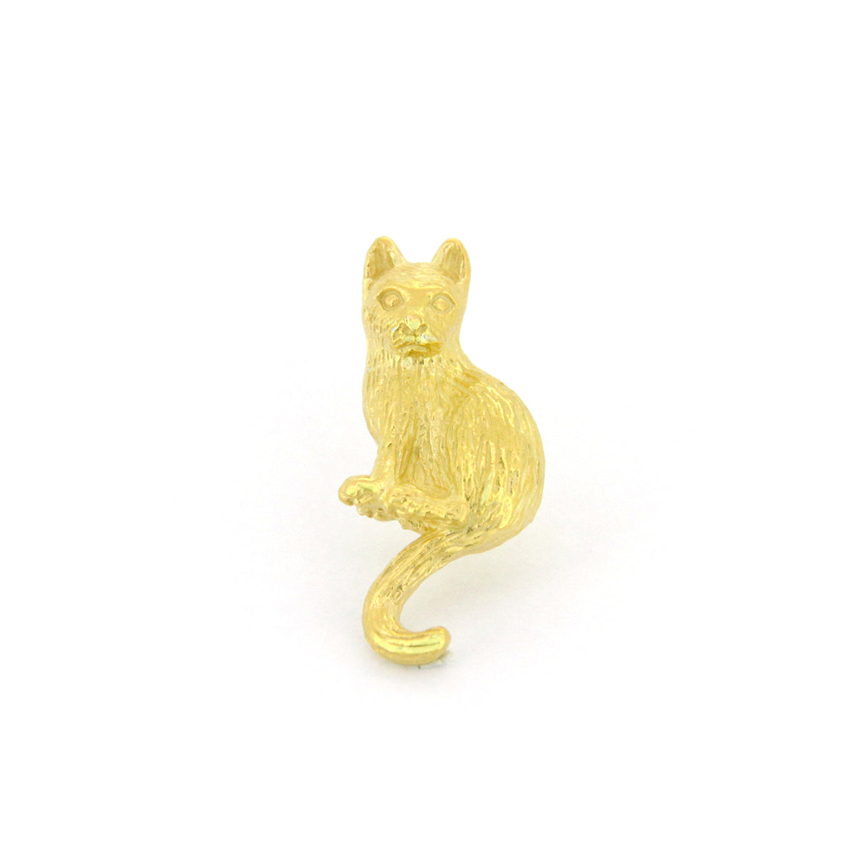 A whimsical gold one-side earring featuring a sitting cat design, showcasing intricate detailing in its fur and features.