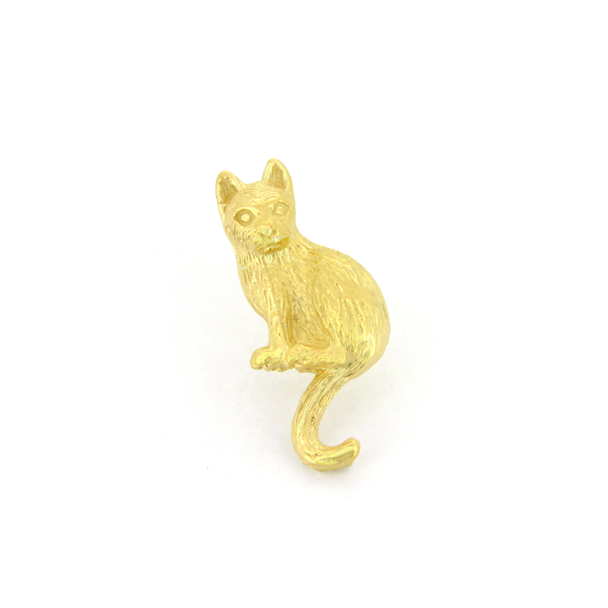 A whimsical gold one-side earring featuring a sitting cat design, showcasing intricate detailing in its fur and features.