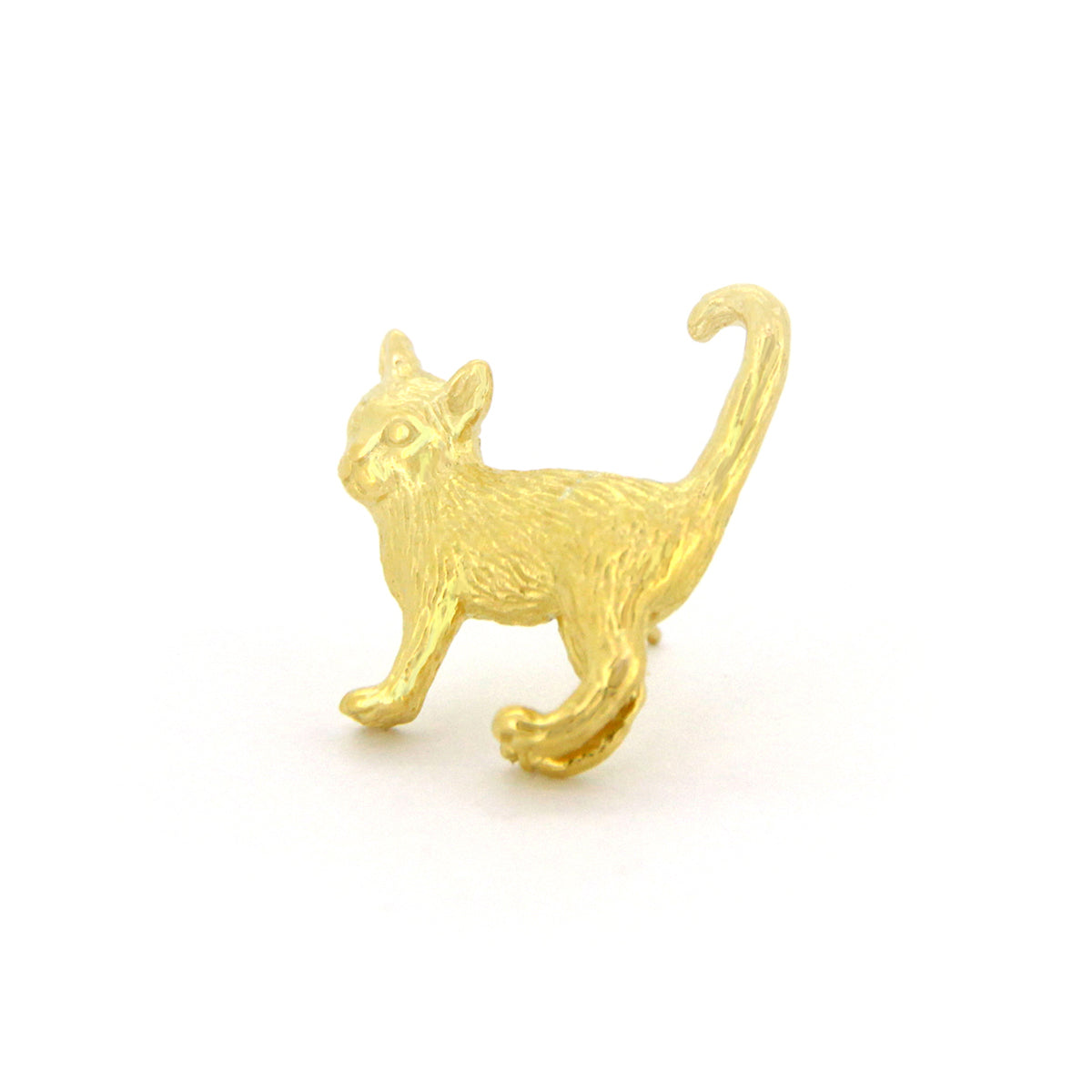 A whimsical gold one-side earring featuring standing cat design with detailed fur texture, perfect for animal lovers.