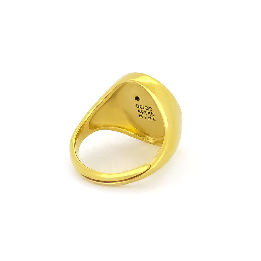 Unique gold oval-shaped ring featuring an engraved cat design and a crescent moon, complemented by a small black gemstone.