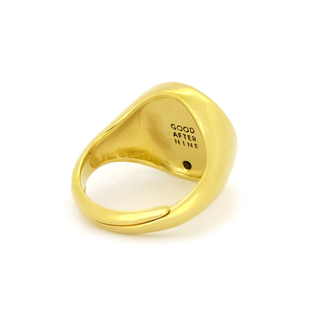 Gold signet ring featuring a cat design with a synthetic black gemstone and moon motifs, perfect for cat lovers.