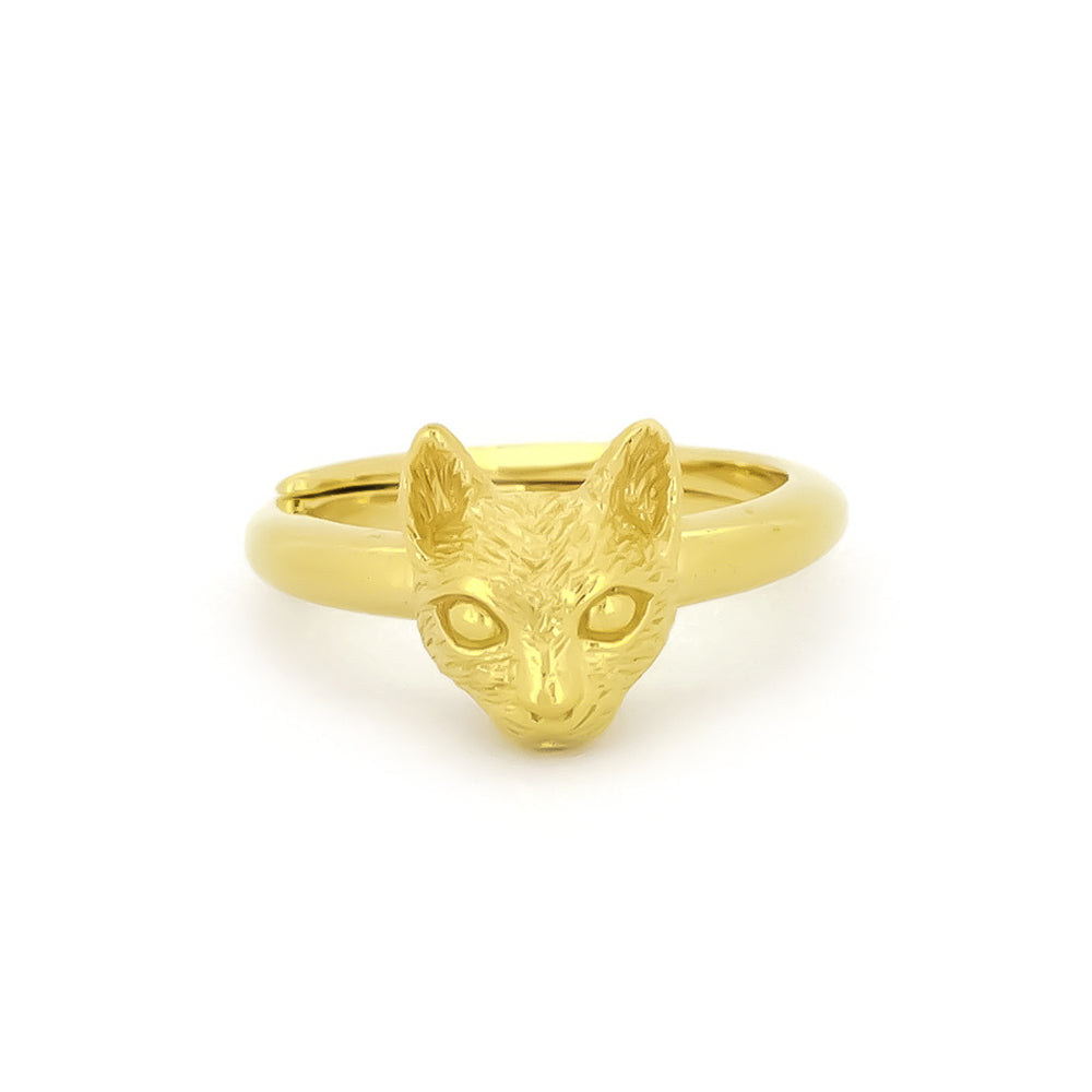 Beautiful gold ring with a cat head design, featuring detailed facial features.