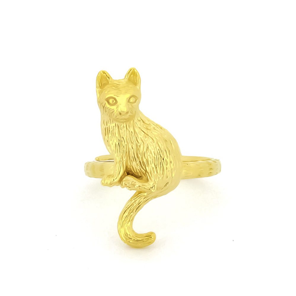 A whimsical gold ring featuring a sitting cat design, highlighting the fur's details and facial features. 