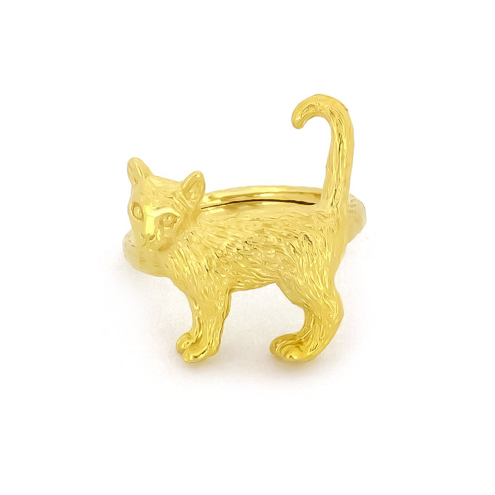 Gold ring featuring a standing cat design, highlighting their detailed craftsmanship.