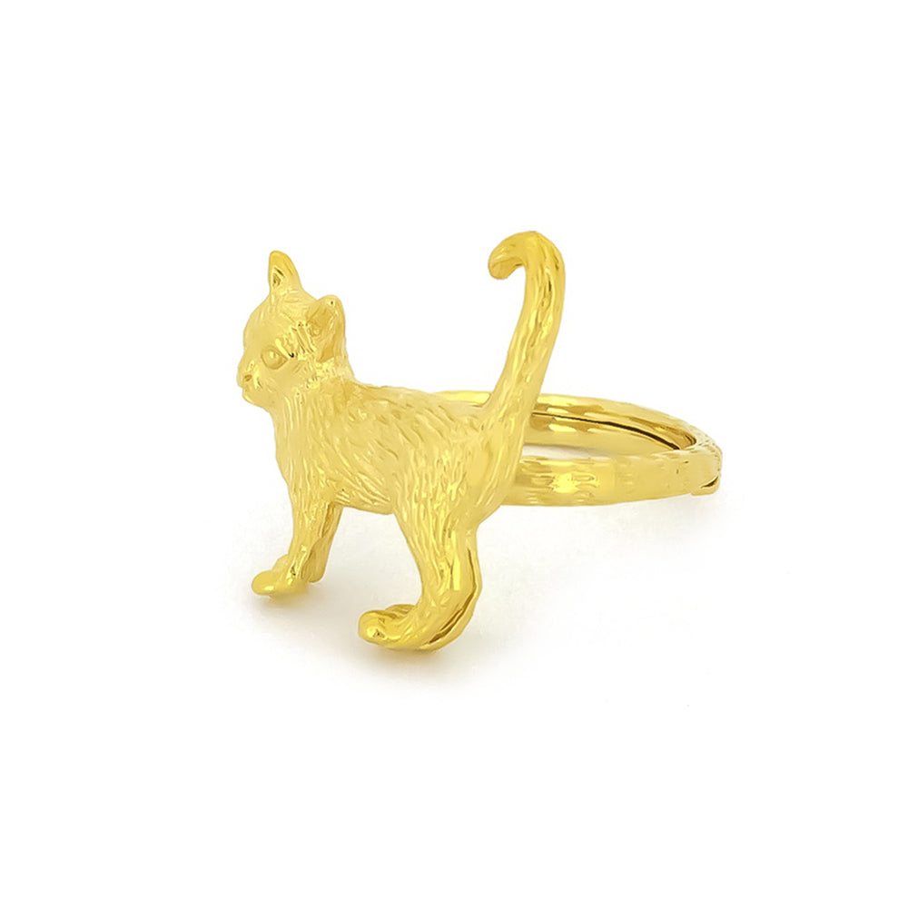 A whimsical gold ring featuring a standing cat design, highlighting the fur's details and facial features.