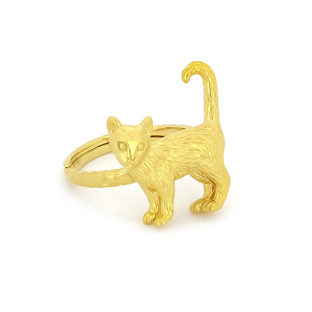 A whimsical gold ring featuring a standing cat design, highlighting the fur's details and facial features.