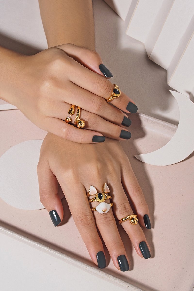 Hands adorned with various cat-themed rings.