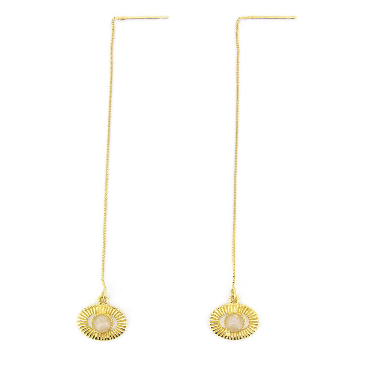 Gold drop chain earrings featuring circular designs and a central stone bead.