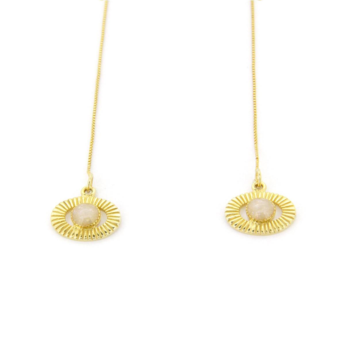 Gold drop chain earrings featuring circular designs and a central stone bead.