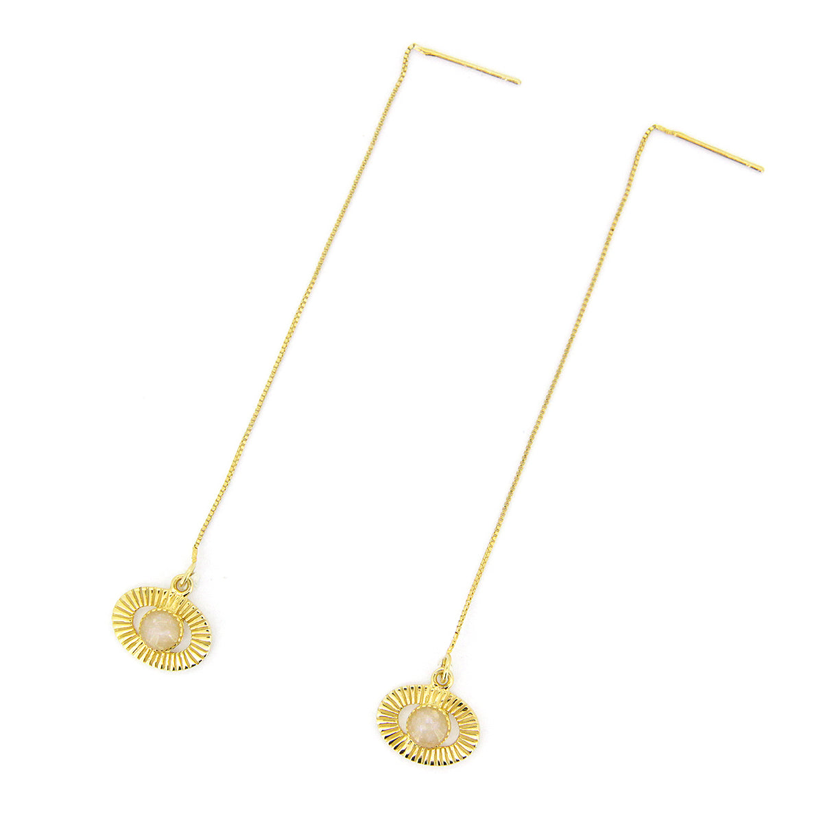 Whimsical gold drop chain earrings featuring circular designs and a central stone bead.