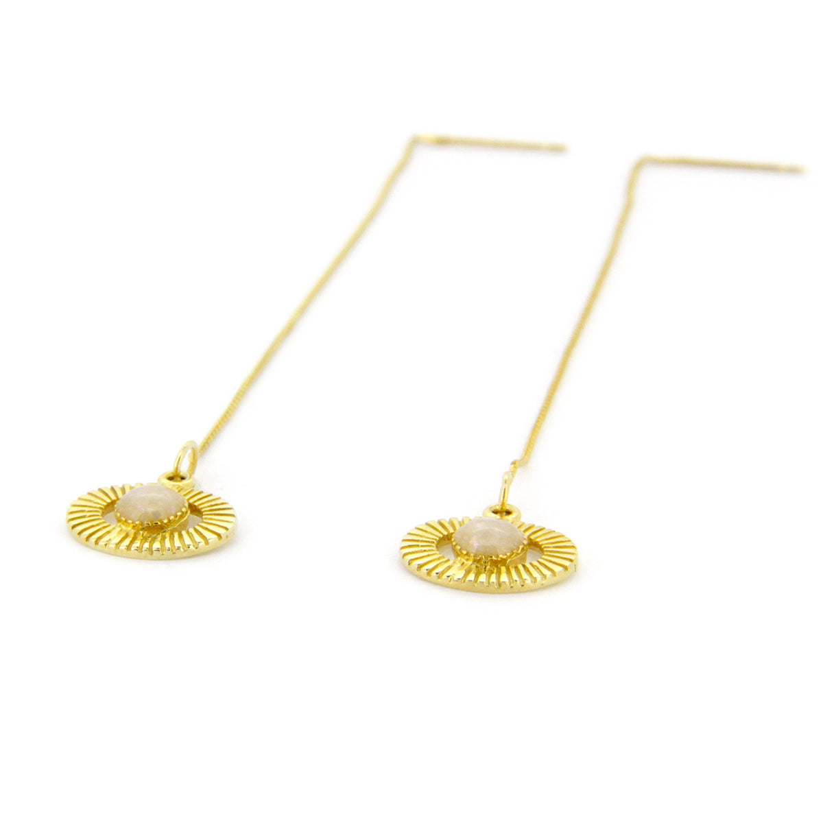 Elegant gold drop chain earrings featuring circular designs and a central stone bead.