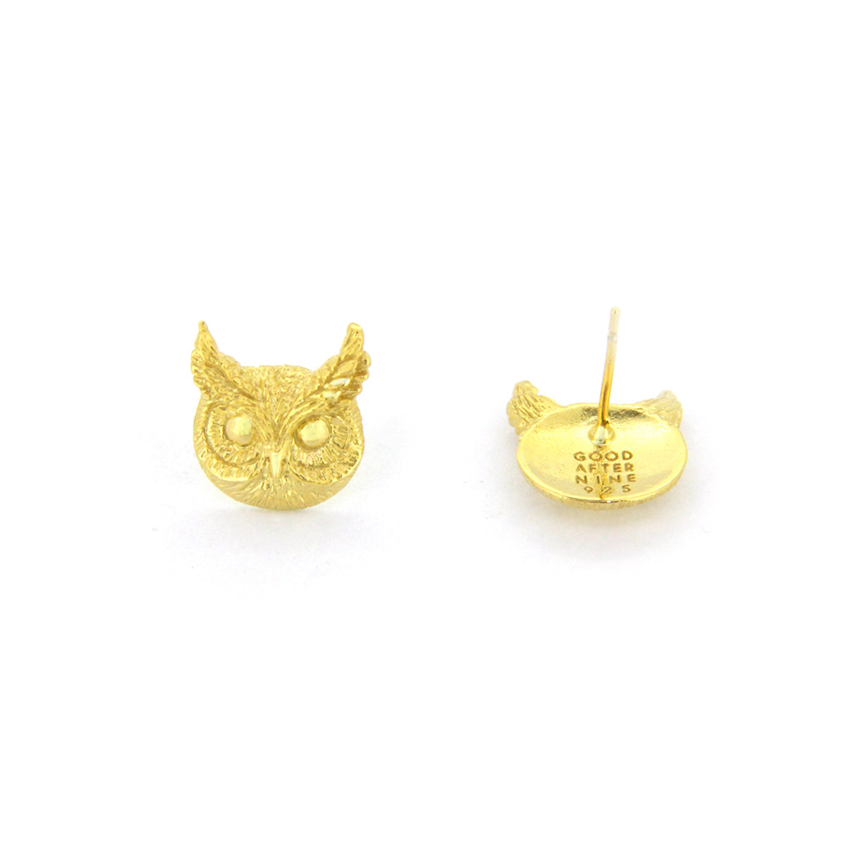 Beautiful gold earrings featuring great horned owl's face design.