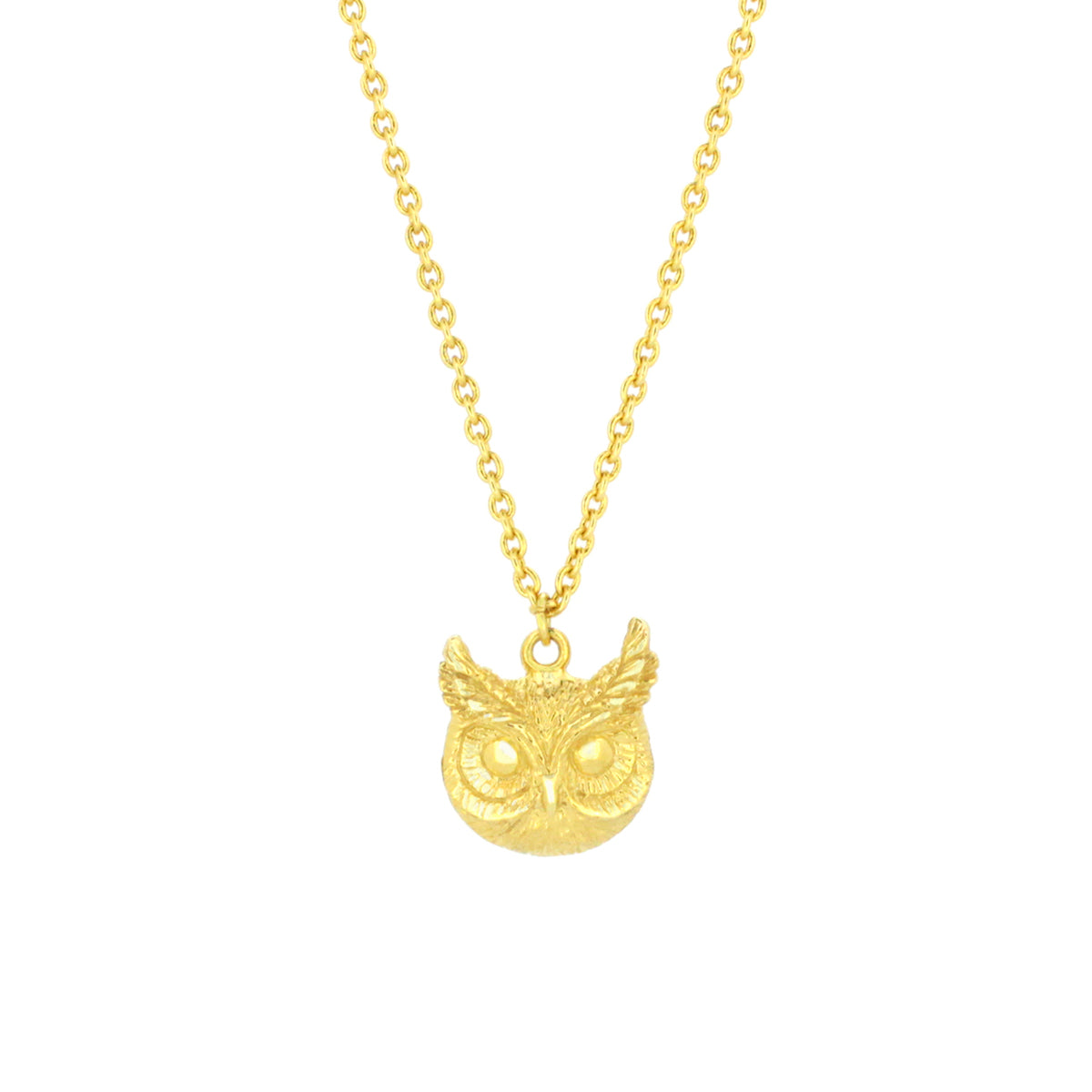 Unique gold owl pendant necklace with on a delicate chain, featuring  intricate details.