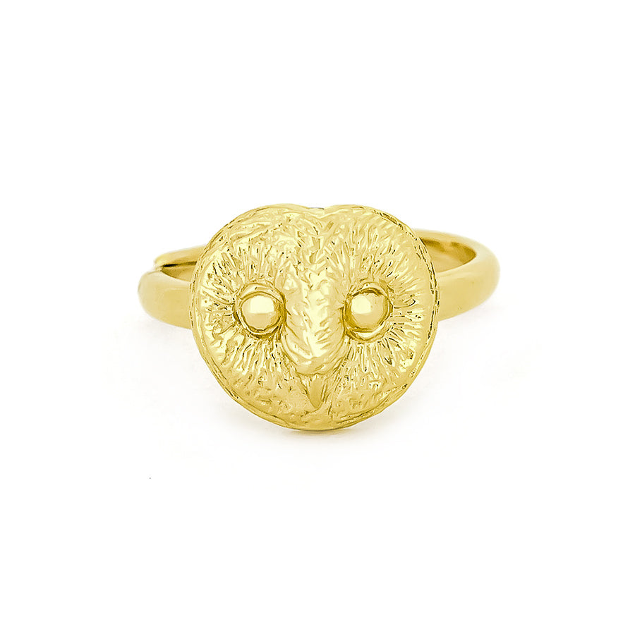 A beautiful gold ring featuring an intricately detailed owl face, showcasing round eyes and textured feathers.