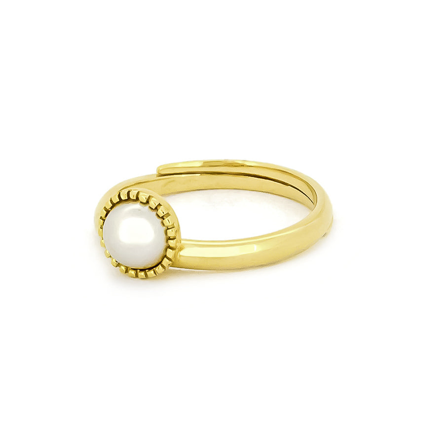 Lunar-inspired gold ring showcasing a beautiful central pearl.