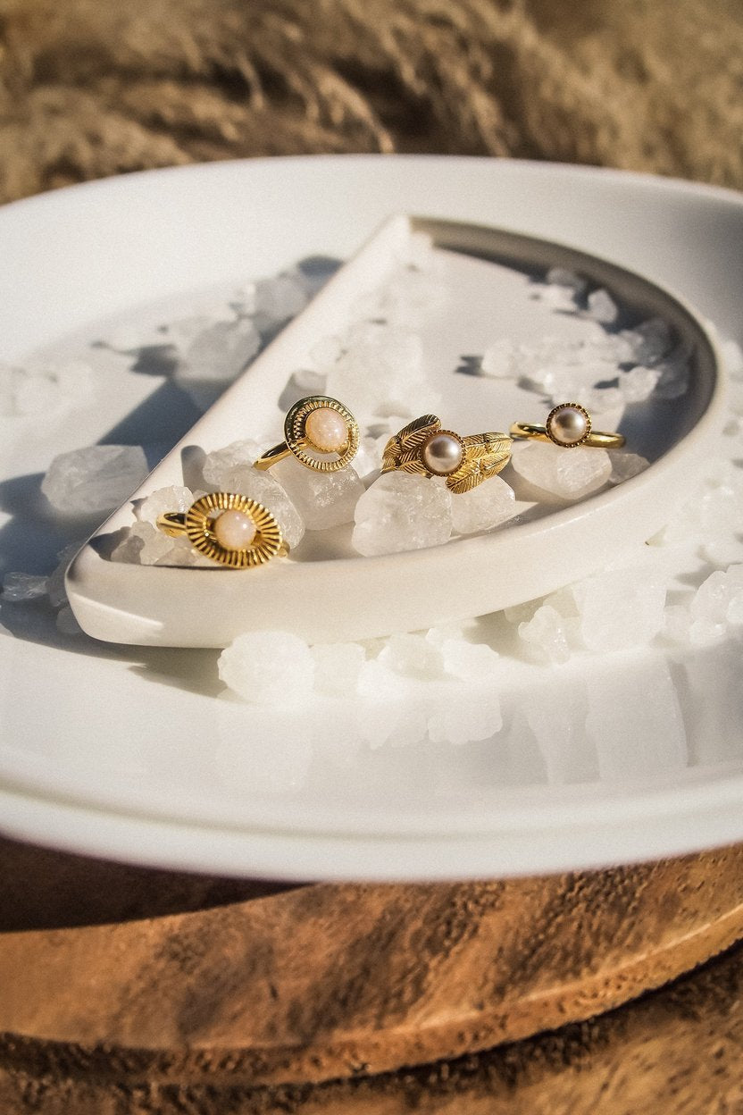 A collection of moon-inspired gold rings displayed on a plate with crystal ice.