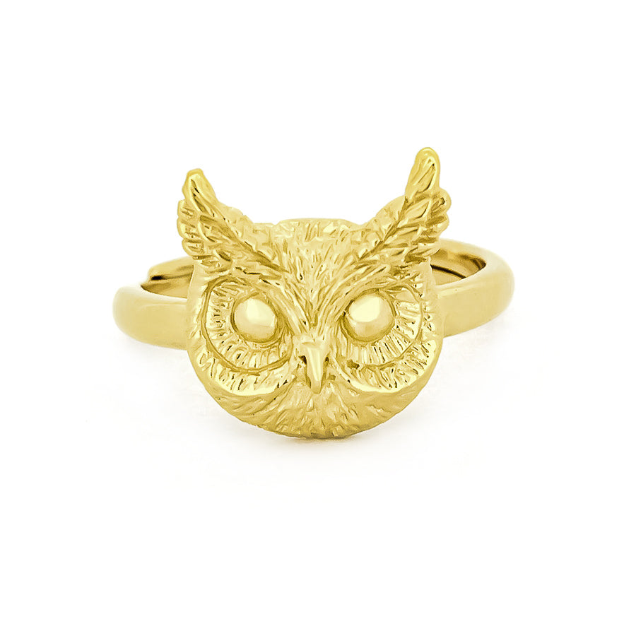 A unique gold ring featuring an intricately detailed owl face, showcasing round eyes and textured feathers.