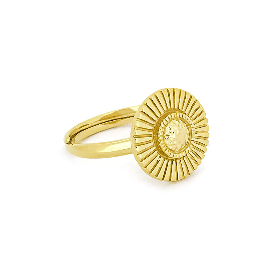 Beautiful gold ring with a textured, moon beam design, perfect for moon lovers.