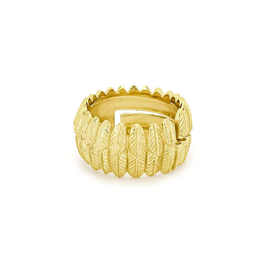 Beautifully crafted gold ring designed with detailed owl feather motifs.