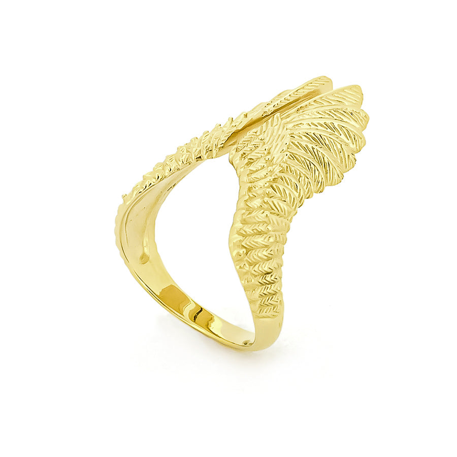 Gold ring featuring intricately wings design with detailed feather patterns