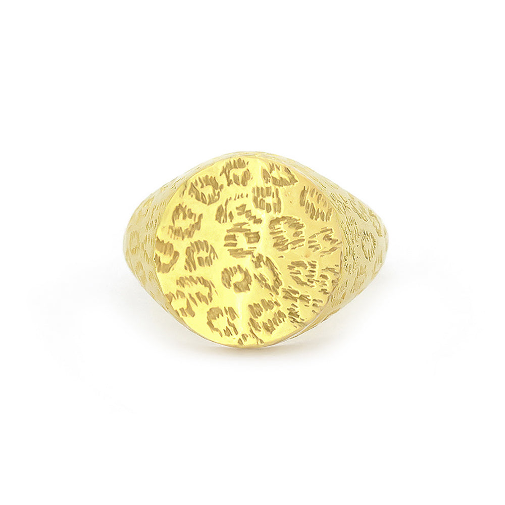 Nature-inspired gold ring with distinct textures featuring a leopard print.