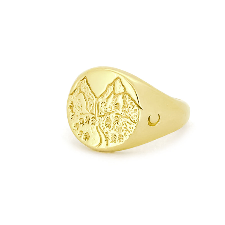 Gold ring with a textured mountain design on the surface, perfect for nature lovers.