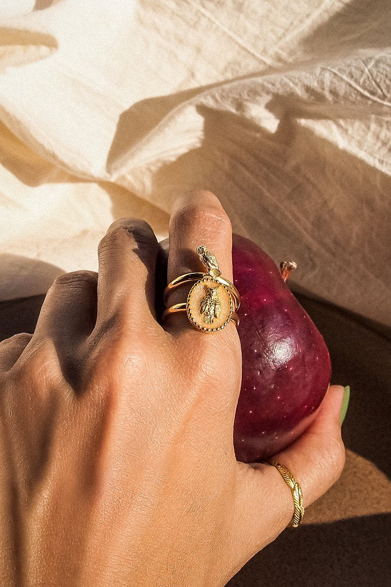 A hand holds a red apple, showcasing two gold owl rings and a feather ring with delicate details.